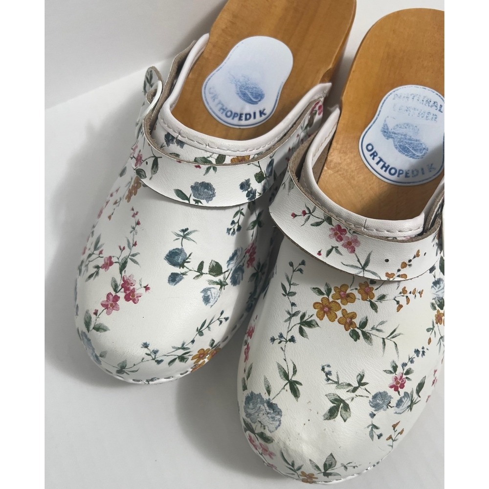 Orthopedik Floral Leather Clogs Womens 41‎ White Wood Sole Cottagecore Mules - Picture 6 of 10